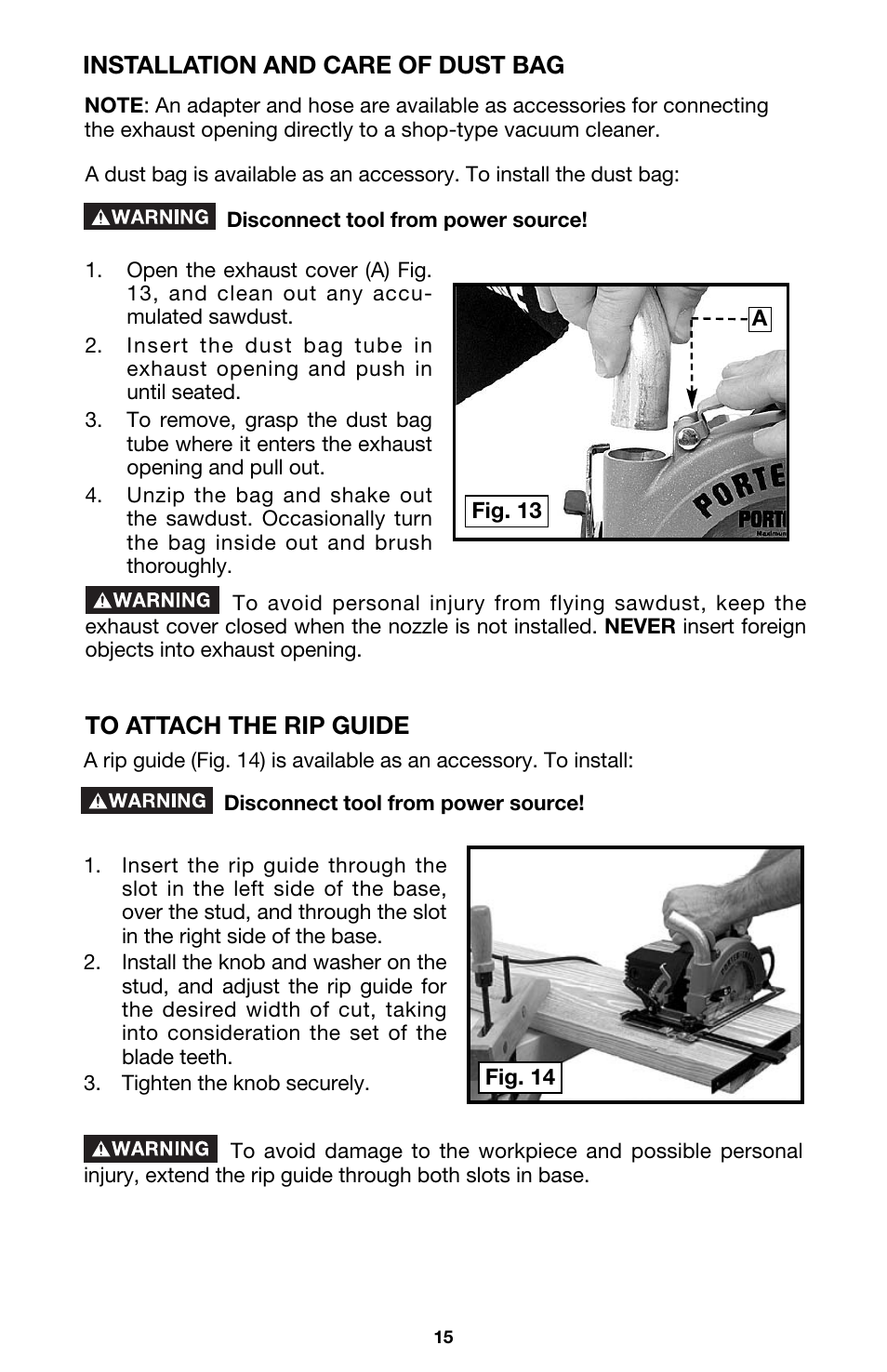 Installation and care of dust bag | Porter-Cable 345 User Manual | Page 15 / 21