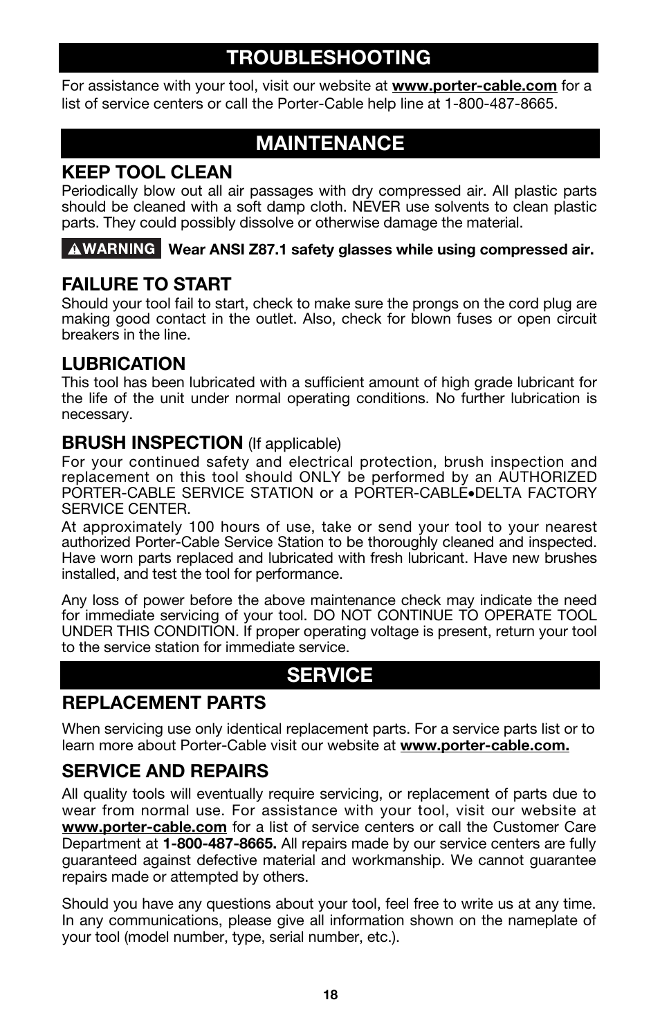 Maintenance, Troubleshooting, Service | Porter-Cable 345 User Manual | Page 18 / 21