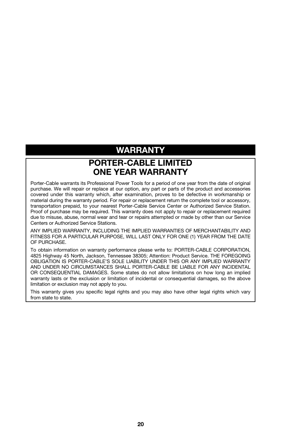 Porter-cable limited one year warranty, Warranty | Porter-Cable 345 User Manual | Page 20 / 21