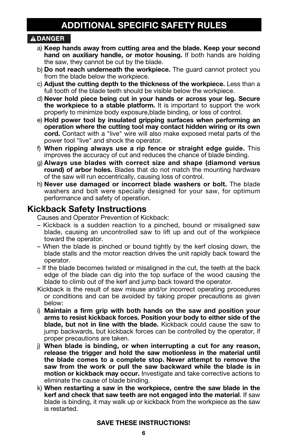 Additional specific safety rules, Kickback safety instructions | Porter-Cable 345 User Manual | Page 6 / 21