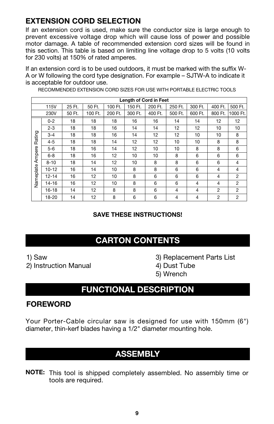 Functional description, Carton contents, Assembly | Foreword, Extension cord selection, Save these instructions | Porter-Cable 345 User Manual | Page 9 / 21