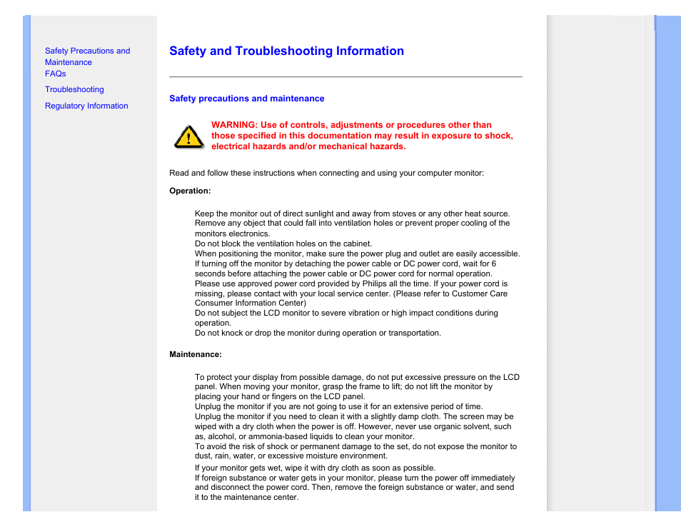 Safety and troubleshooting information | Philips LCD monitor 223EI User Manual | Page 2 / 73