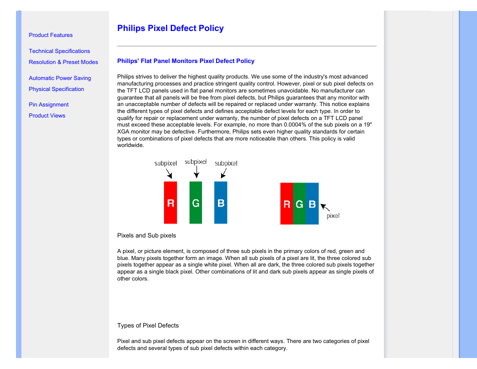Philips pixel defect policy | Philips LCD monitor 223EI User Manual | Page 31 / 73