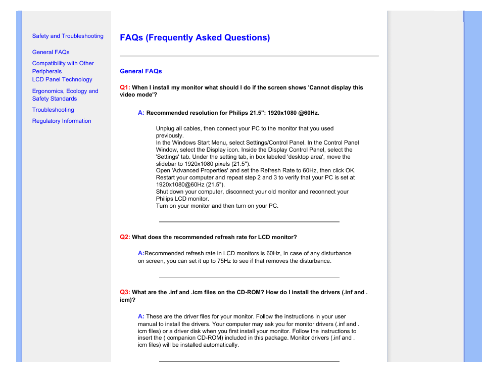 Faqs (frequently asked questions), Faqs | Philips LCD monitor 223EI User Manual | Page 4 / 73