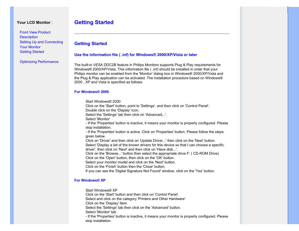 Getting started | Philips LCD monitor 223EI User Manual | Page 45 / 73