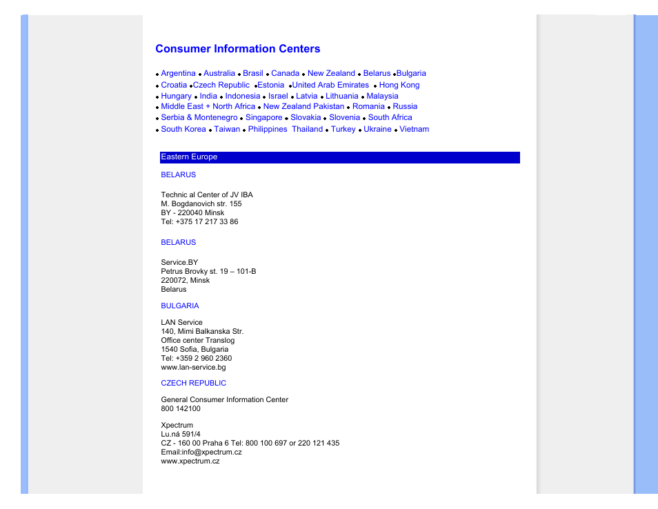 Consumer information centers, Consumers information center | Philips LCD monitor 223EI User Manual | Page 57 / 73