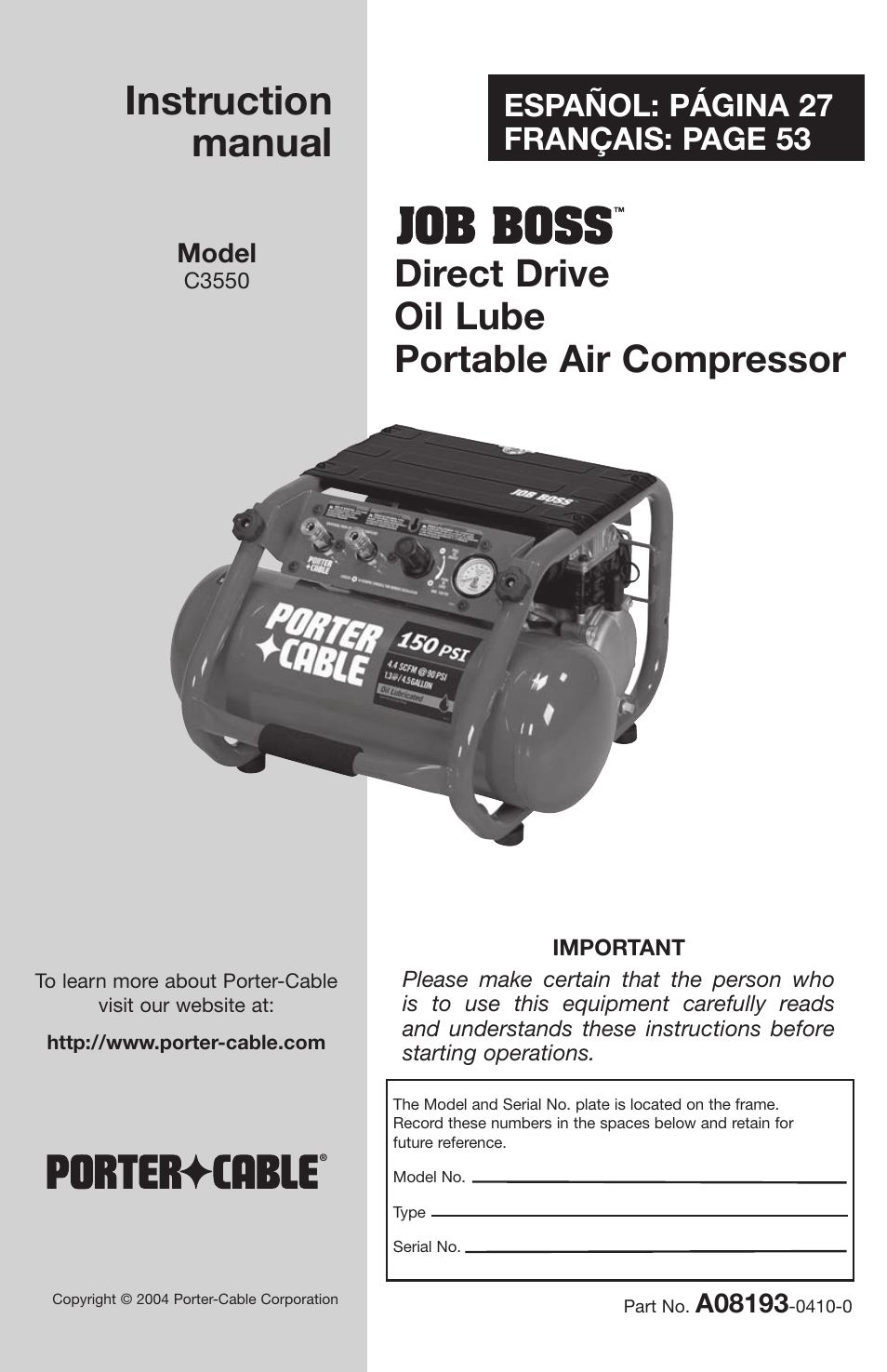 Porter-Cable JOB BOSS C3550 User Manual | 26 pages