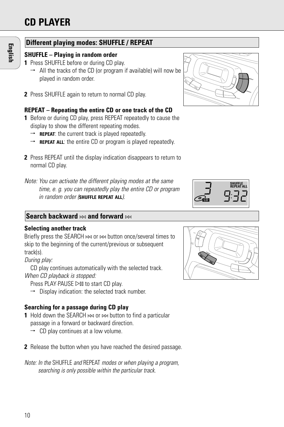 Cd player, Search backward, And forward | Different playing modes: shuffle / repeat, During play, When cd playback is stopped, The current track is played repeatedly, Shuffle, Repeat | Porter-Cable AZ1203 User Manual | Page 10 / 136