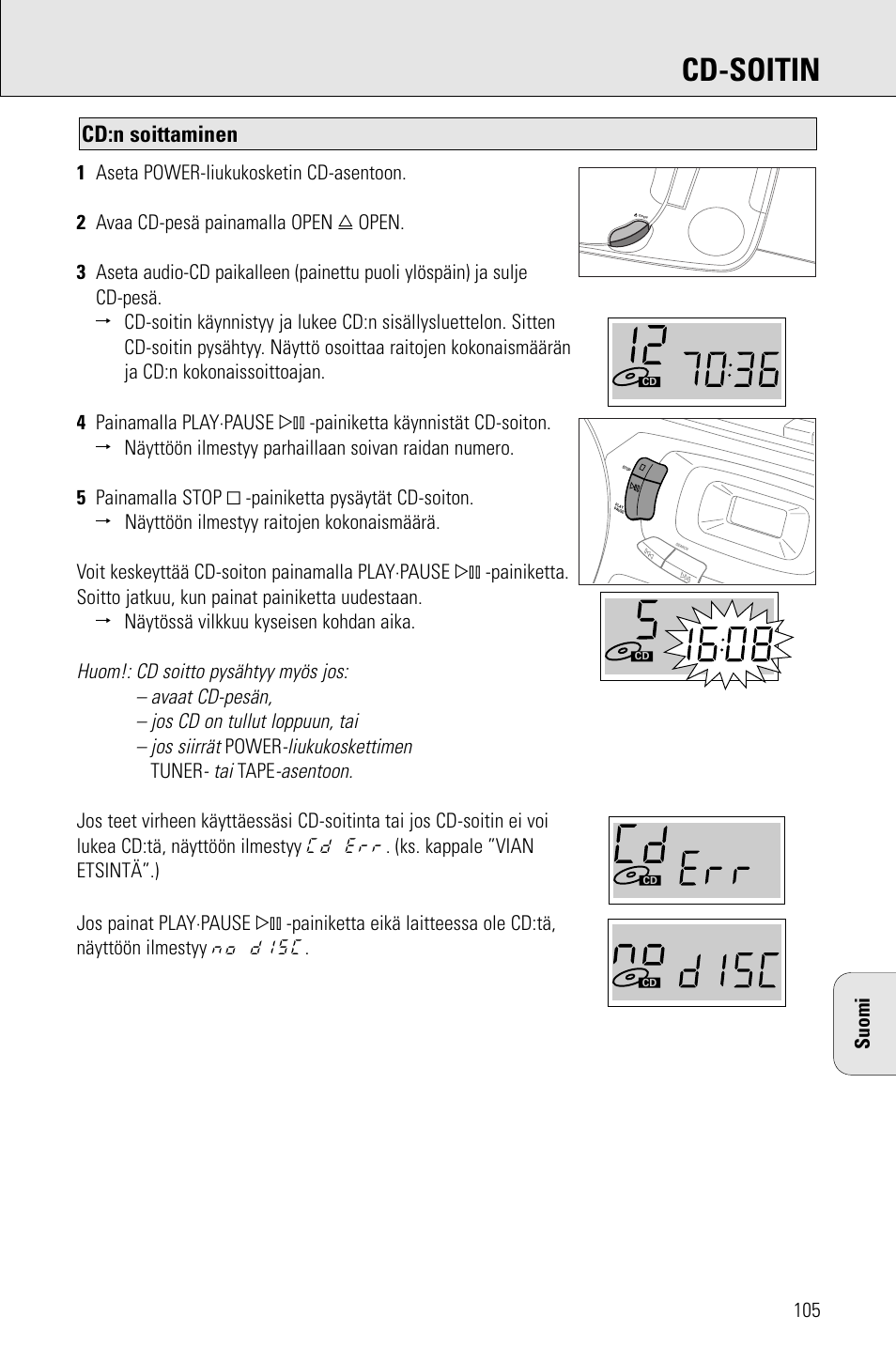Cd-soitin, Cd:n soittaminen, Liukukoskettimen | Asentoon | Porter-Cable AZ1203 User Manual | Page 105 / 136