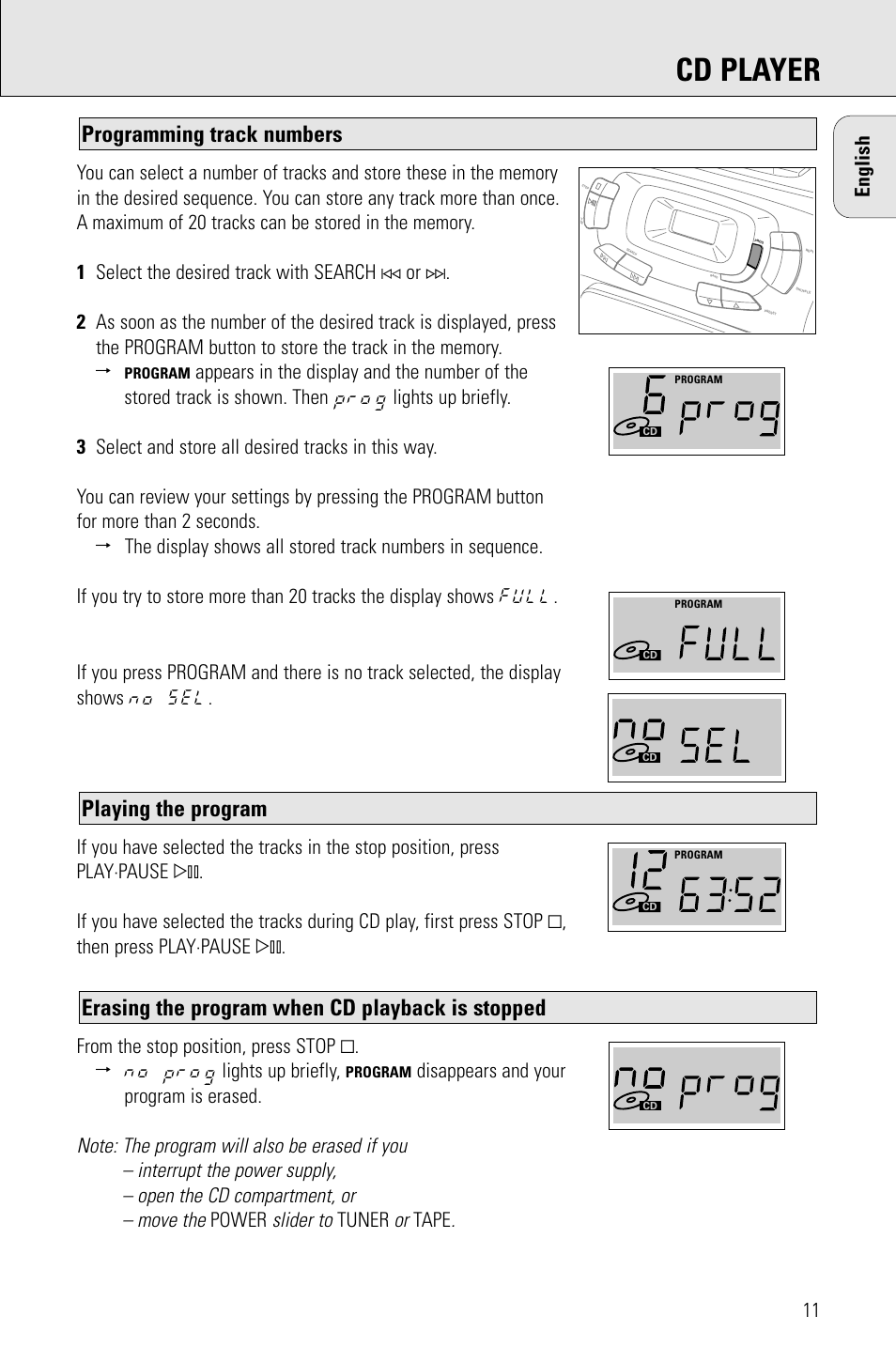 Cd player, Erasing the program when cd playback is stopped, Playing the program | Programming track numbers, Slider to, Disappears and your program is erased, Power, Tuner, Tape, English | Porter-Cable AZ1203 User Manual | Page 11 / 136