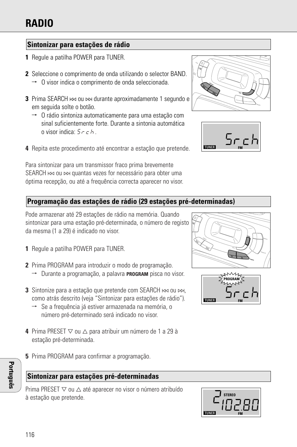 Radio, Sintonizar para estações pré-determinadas, Sintonizar para estações de rádio | Português | Porter-Cable AZ1203 User Manual | Page 116 / 136