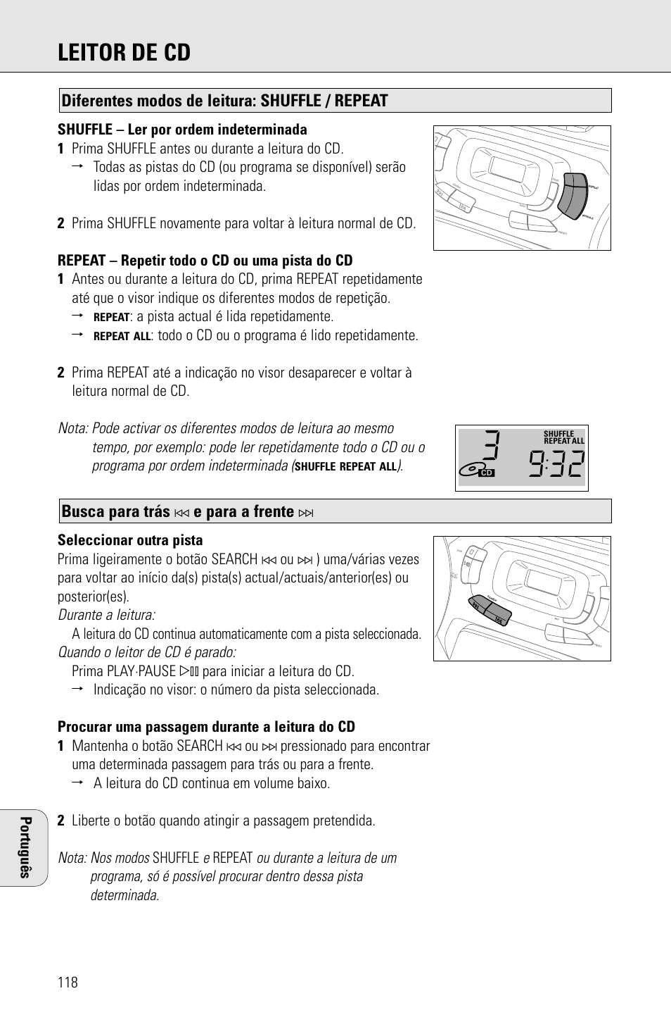 Leitor de cd, Busca para trás, E para a frente | Diferentes modos de leitura: shuffle / repeat, Durante a leitura, Quando o leitor de cd é parado, Nota: nos modos, A pista actual é lida repetidamente, Shuffle, Repeat | Porter-Cable AZ1203 User Manual | Page 118 / 136