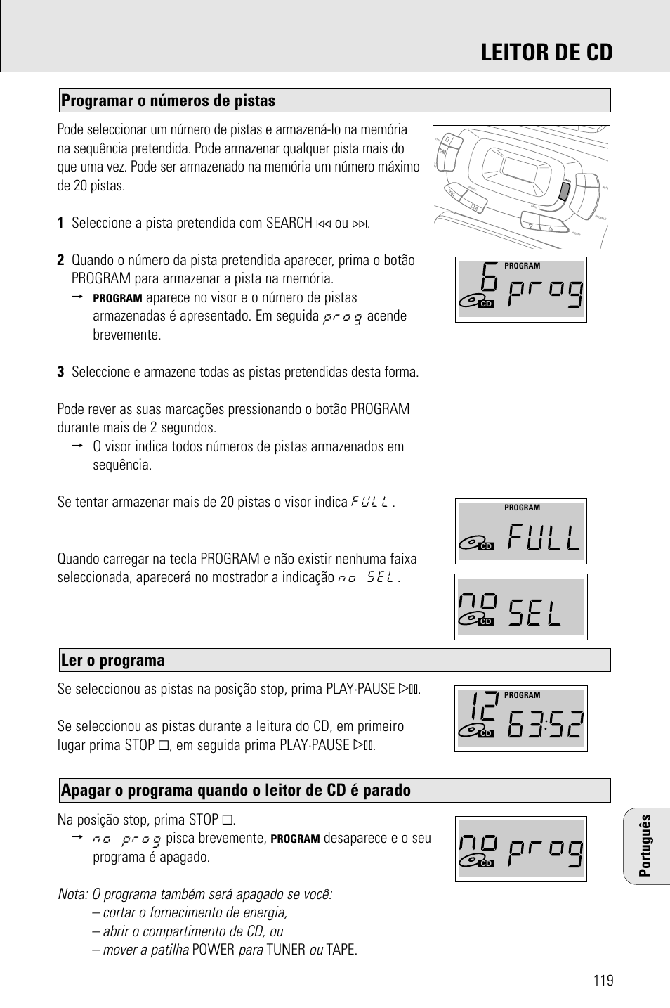 Leitor de cd, Apagar o programa quando o leitor de cd é parado, Ler o programa | Programar o números de pistas, Para, Desaparece e o seu programa é apagado, Power, Tuner, Tape, Português | Porter-Cable AZ1203 User Manual | Page 119 / 136