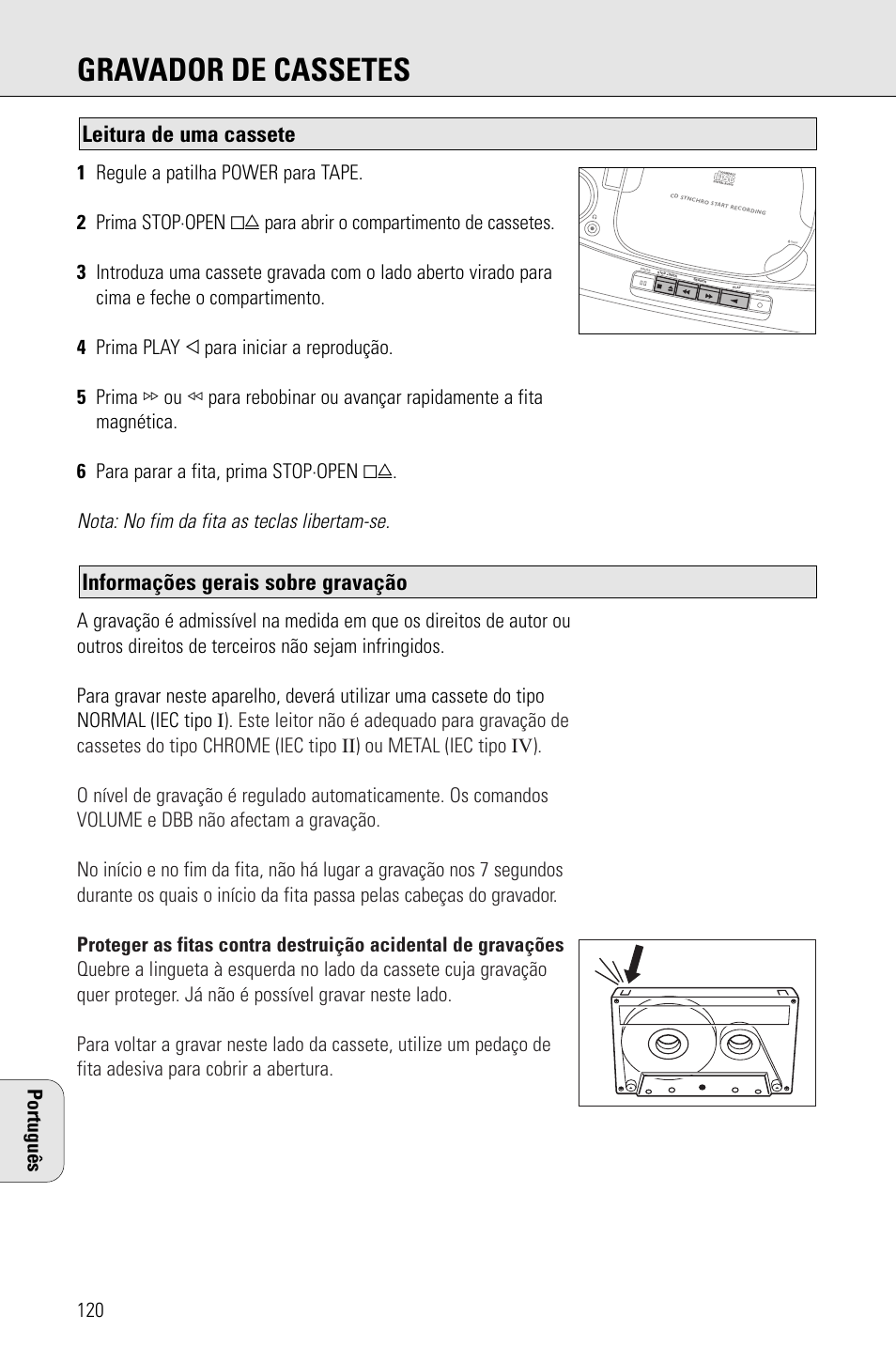 Gravador de cassetes, Informações gerais sobre gravação, Leitura de uma cassete | Nota: no fim da fita as teclas libertam-se, Português | Porter-Cable AZ1203 User Manual | Page 120 / 136