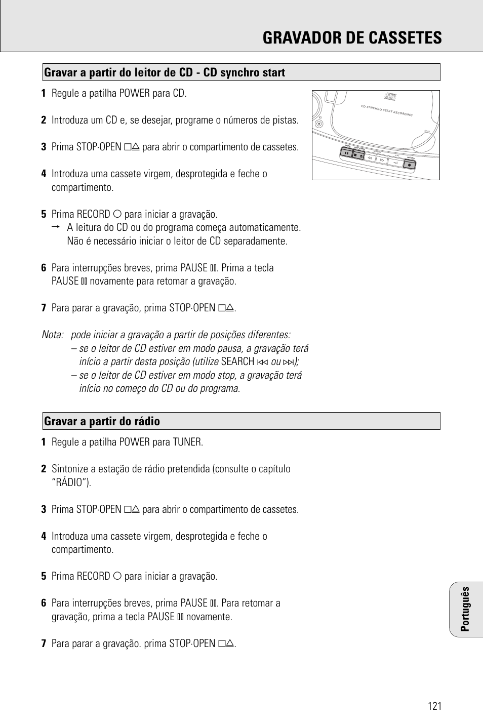 Gravador de cassetes, Gravar a partir do rádio, Gravar a partir do leitor de cd - cd synchro start | Porter-Cable AZ1203 User Manual | Page 121 / 136