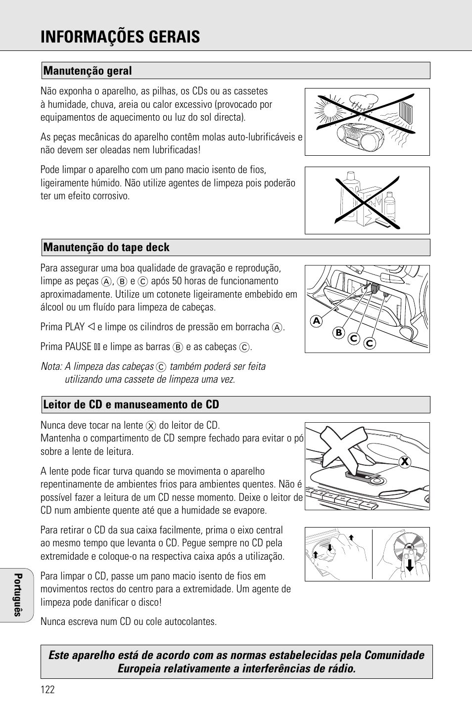 Informações gerais, Leitor de cd e manuseamento de cd, Manutenção do tape deck manutenção geral | Nota: a limpeza das cabeças, Português | Porter-Cable AZ1203 User Manual | Page 122 / 136