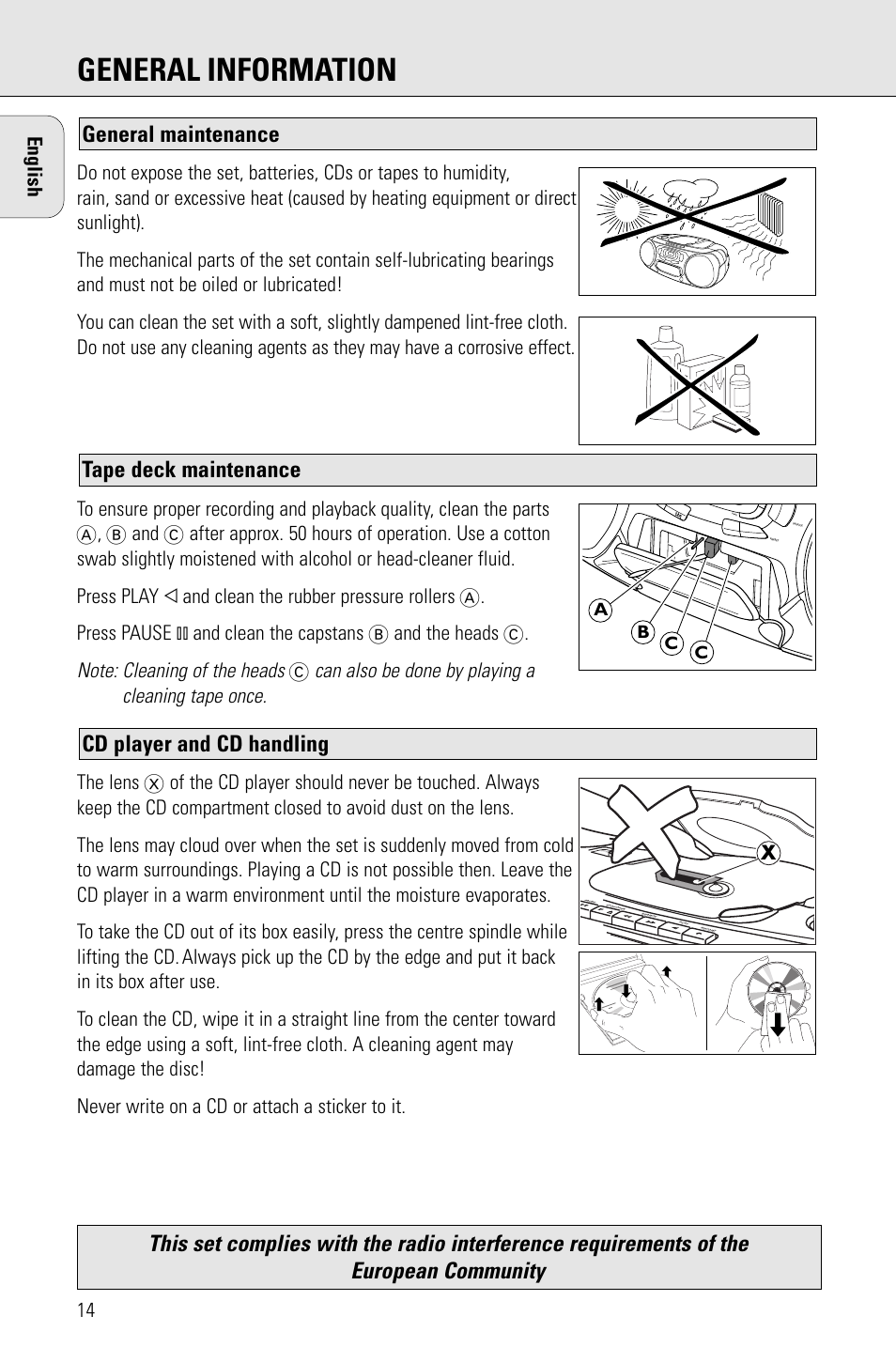 General information, Cd player and cd handling, Can also be done by playing a cleaning tape once | Porter-Cable AZ1203 User Manual | Page 14 / 136