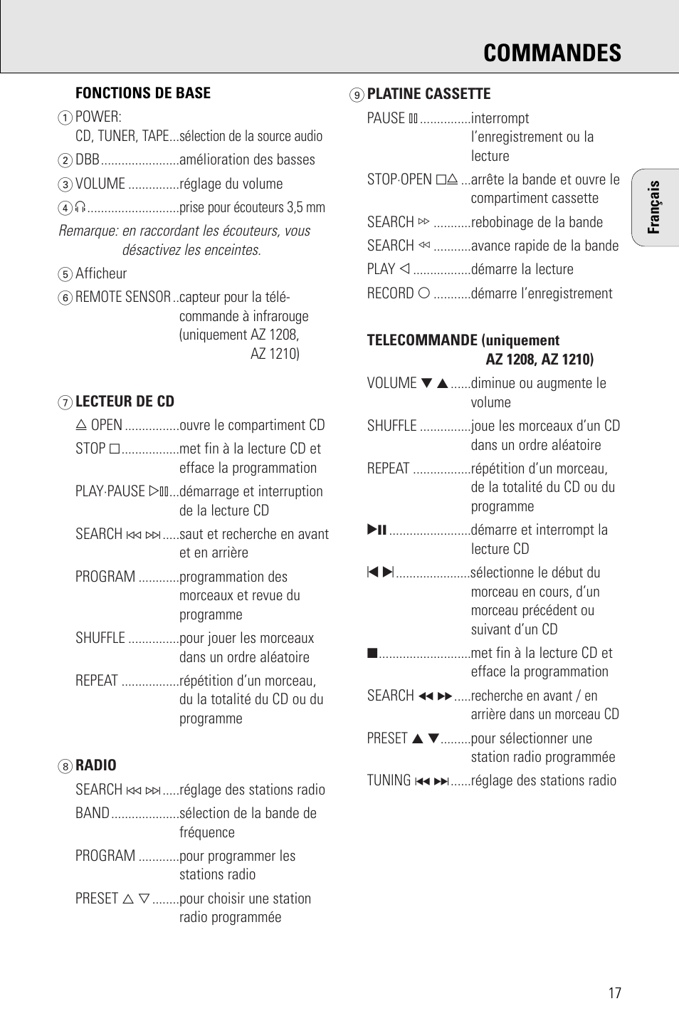 Commandes | Porter-Cable AZ1203 User Manual | Page 17 / 136