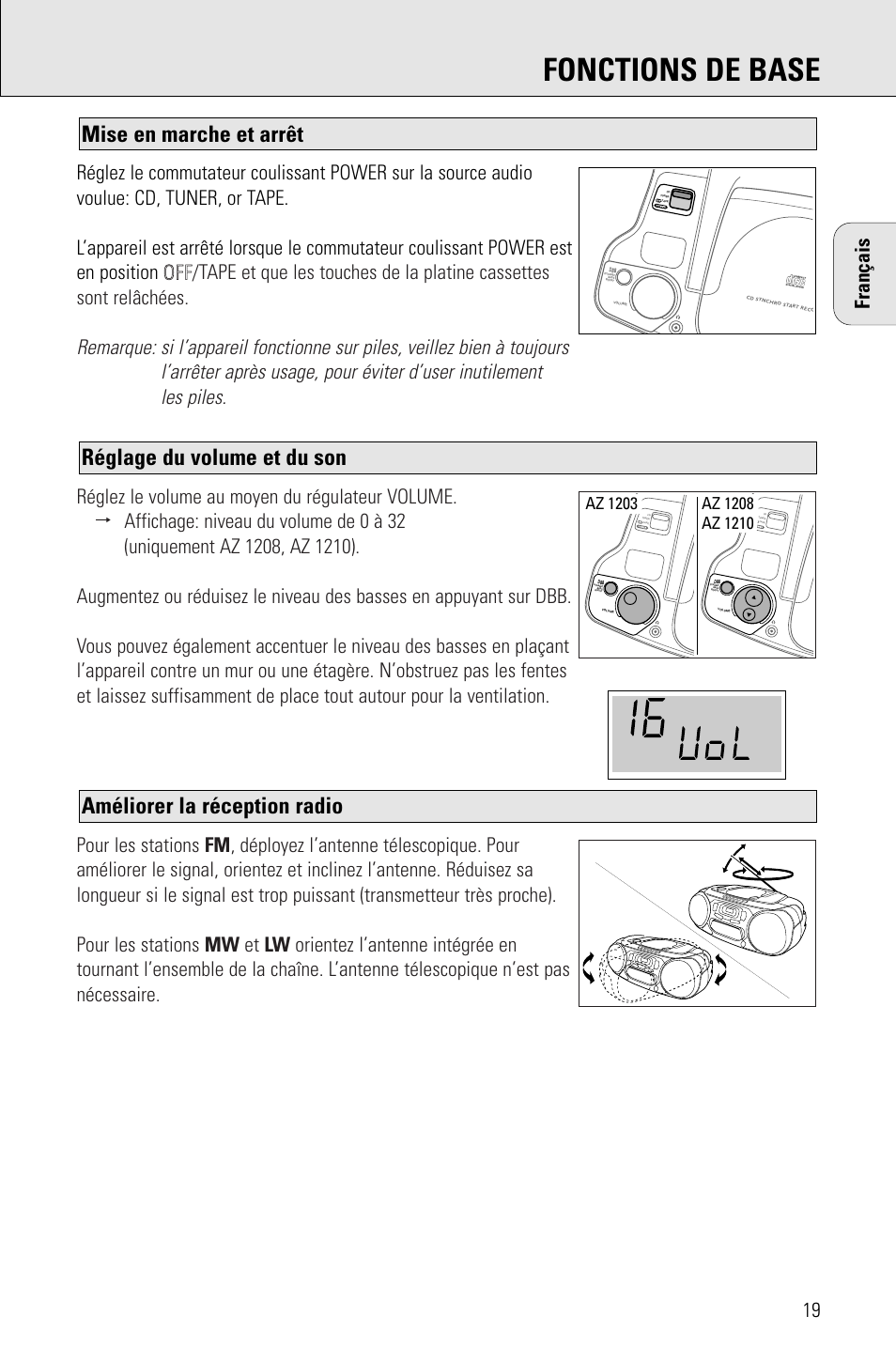 Fonctions de base, Améliorer la réception radio, Réglage du volume et du son | Mise en marche et arrêt | Porter-Cable AZ1203 User Manual | Page 19 / 136