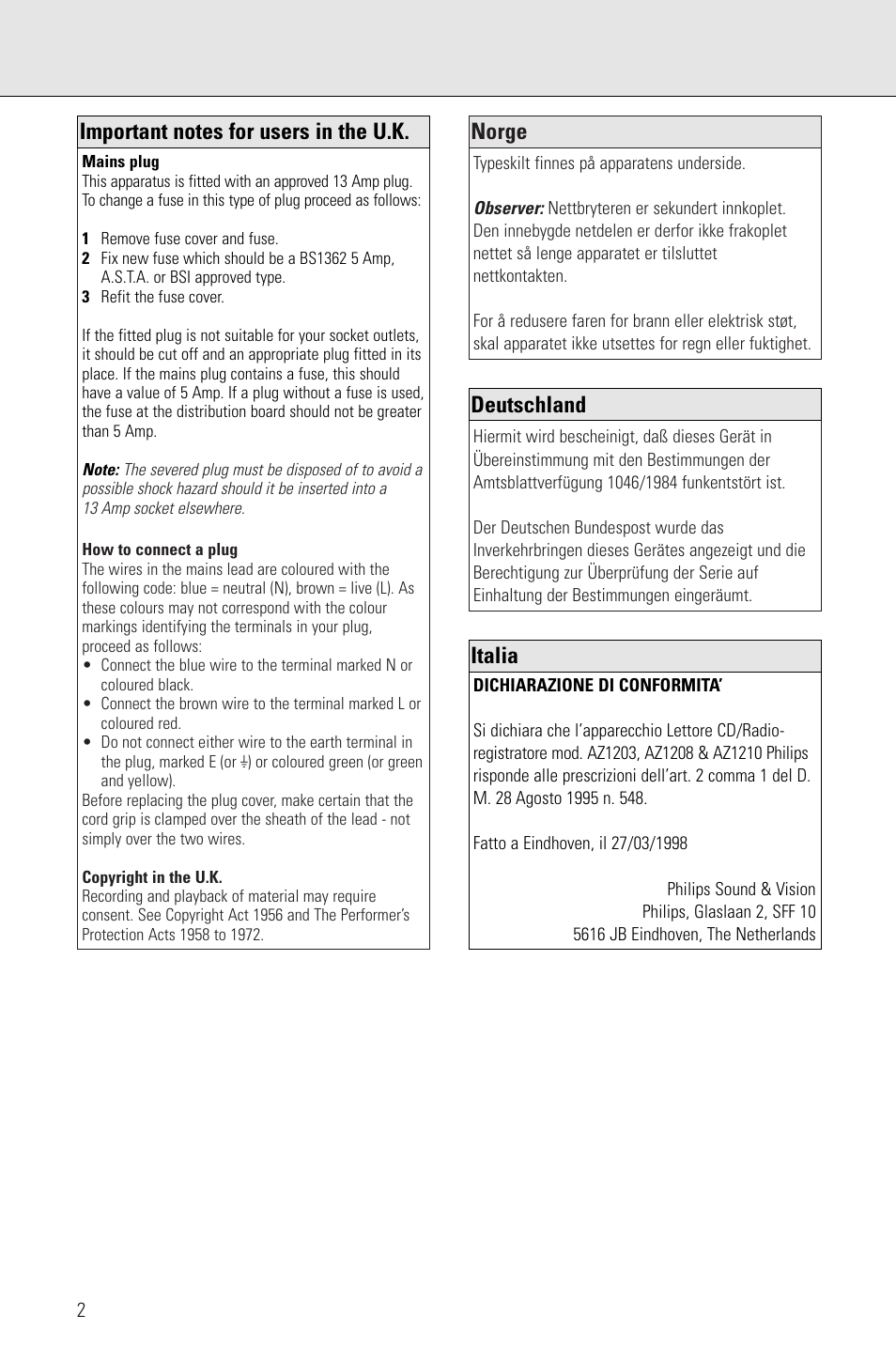 Norge, Deutschland, Italia | Porter-Cable AZ1203 User Manual | Page 2 / 136