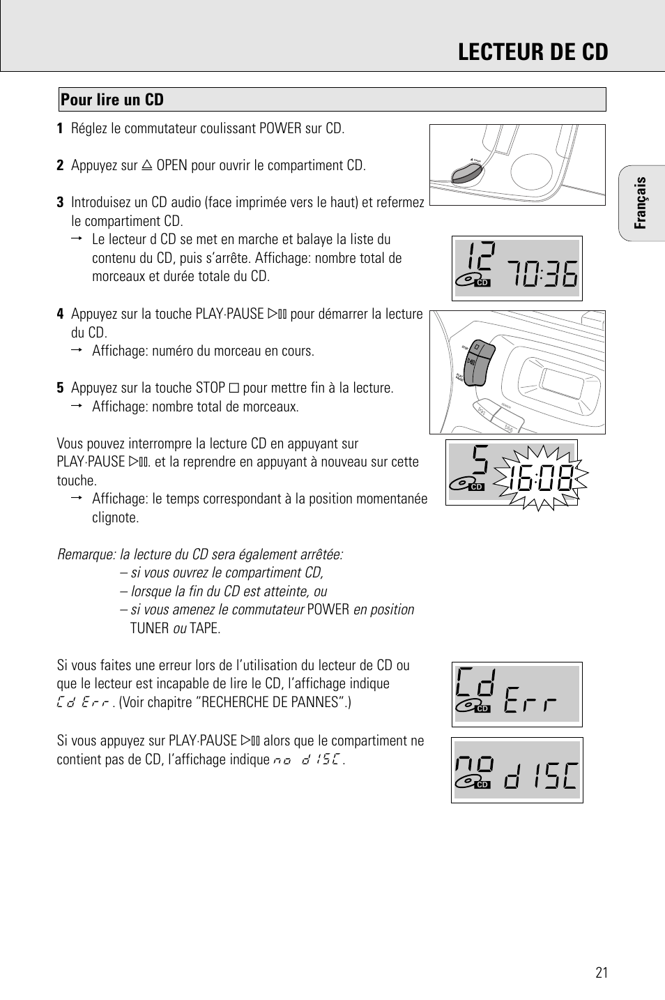 Lecteur de cd, Pour lire un cd, En position | Porter-Cable AZ1203 User Manual | Page 21 / 136