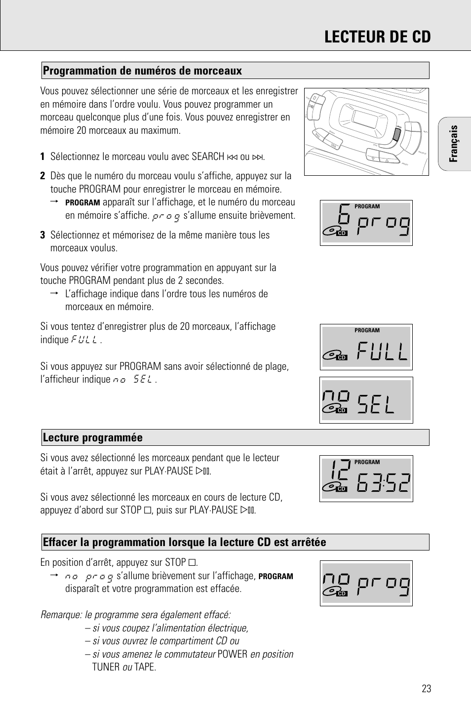 Lecteur de cd, Lecture programmée, Programmation de numéros de morceaux | En position, Disparaît et votre programmation est effacée, Power, Tuner, Tape, Français | Porter-Cable AZ1203 User Manual | Page 23 / 136