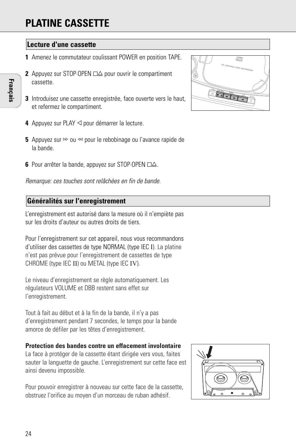 Platine cassette, Généralités sur l'enregistrement, Lecture d'une cassette | Français | Porter-Cable AZ1203 User Manual | Page 24 / 136