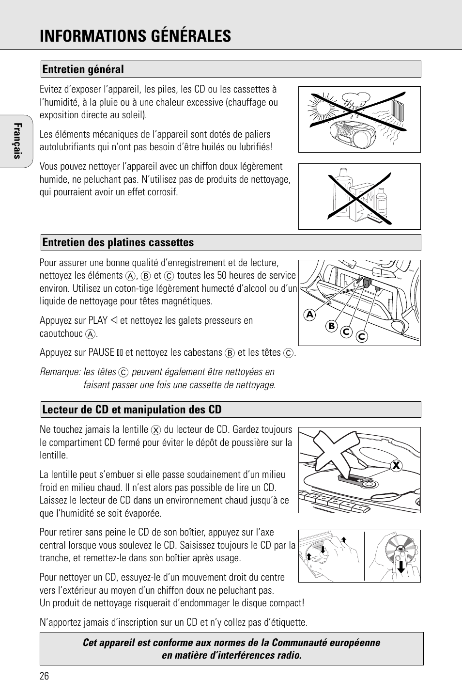 Informations générales, Lecteur de cd et manipulation des cd, Entretien des platines cassettes entretien général | Remarque: les têtes, Français | Porter-Cable AZ1203 User Manual | Page 26 / 136