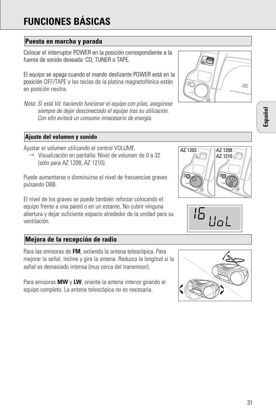 Funciones básicas, Mejora de la recepción de radio, Puesta en marcha y parada | Ajuste del volumen y sonido | Porter-Cable AZ1203 User Manual | Page 31 / 136