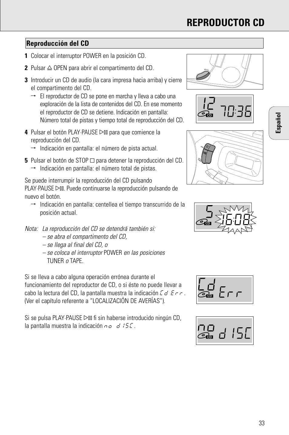 Reproductor cd, Reproducción del cd, En las posiciones | Porter-Cable AZ1203 User Manual | Page 33 / 136