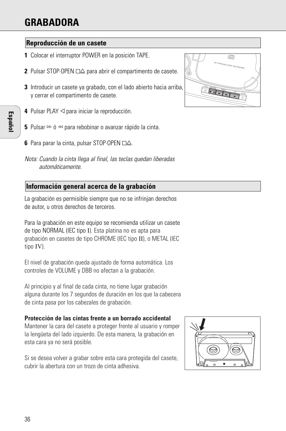 Grabadora, Información general acerca de la grabación, Reproducción de un casete | Español | Porter-Cable AZ1203 User Manual | Page 36 / 136