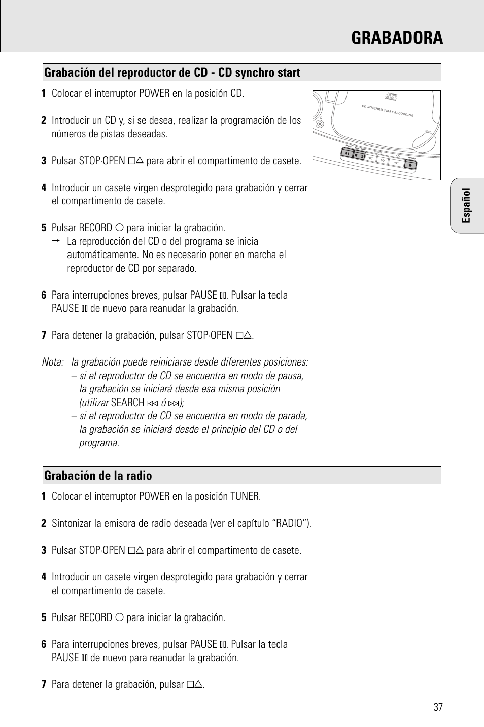 Grabadora, Grabación de la radio, Grabación del reproductor de cd - cd synchro start | Porter-Cable AZ1203 User Manual | Page 37 / 136