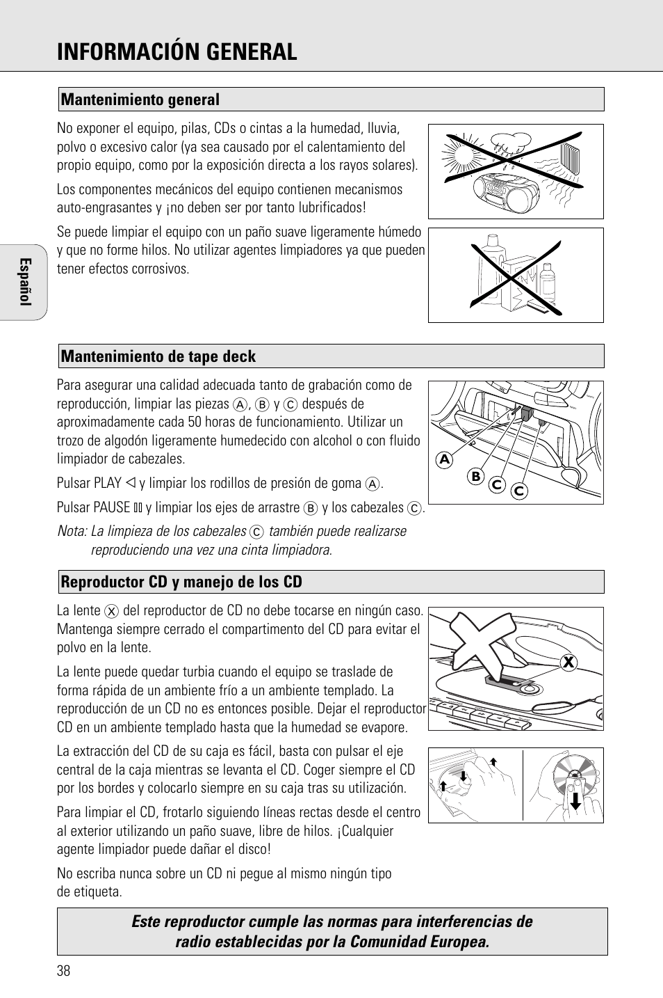 Información general, Reproductor cd y manejo de los cd, Mantenimiento de tape deck mantenimiento general | Nota: la limpieza de los cabezales, Español | Porter-Cable AZ1203 User Manual | Page 38 / 136