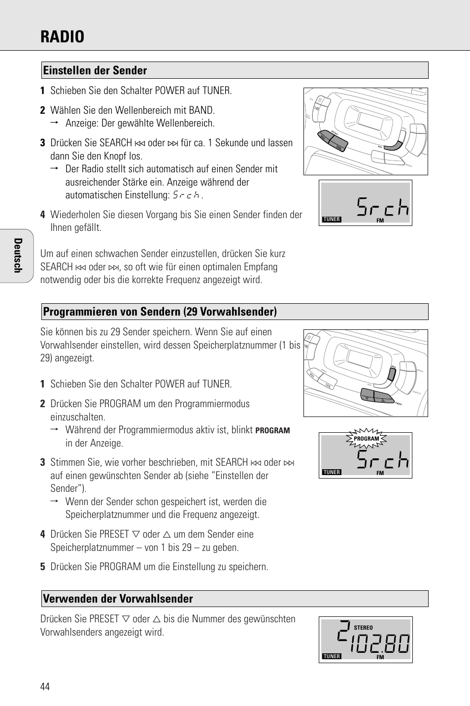 Radio, Verwenden der vorwahlsender, Programmieren von sendern (29 vorwahlsender) | Einstellen der sender | Porter-Cable AZ1203 User Manual | Page 44 / 136