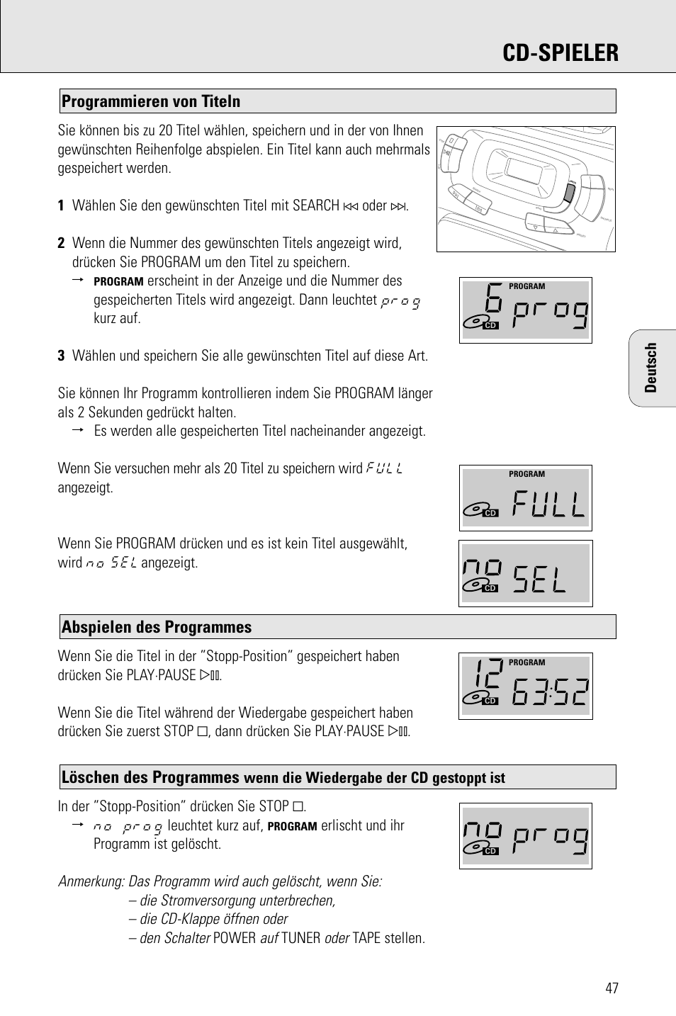 Cd-spieler, Löschen des programmes, Abspielen des programmes | Programmieren von titeln, Oder, Erlischt und ihr programm ist gelöscht, Power, Tuner, Tape stellen, Wenn die wiedergabe der cd gestoppt ist | Porter-Cable AZ1203 User Manual | Page 47 / 136