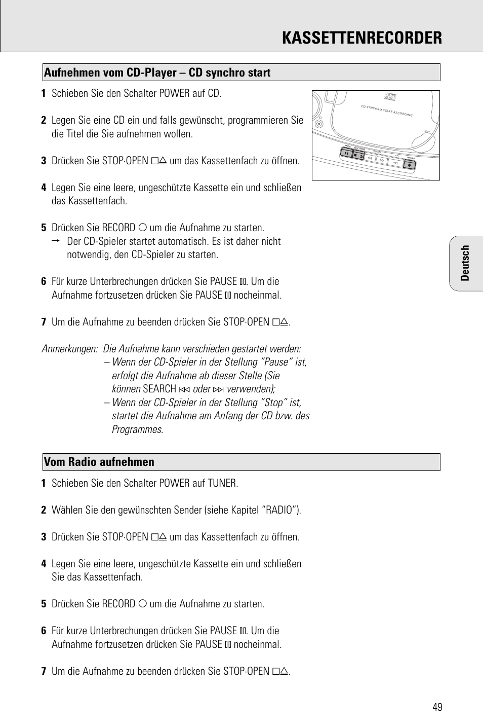 Kassettenrecorder, Vom radio aufnehmen, Aufnehmen vom cd-player – cd synchro start | Oder | Porter-Cable AZ1203 User Manual | Page 49 / 136