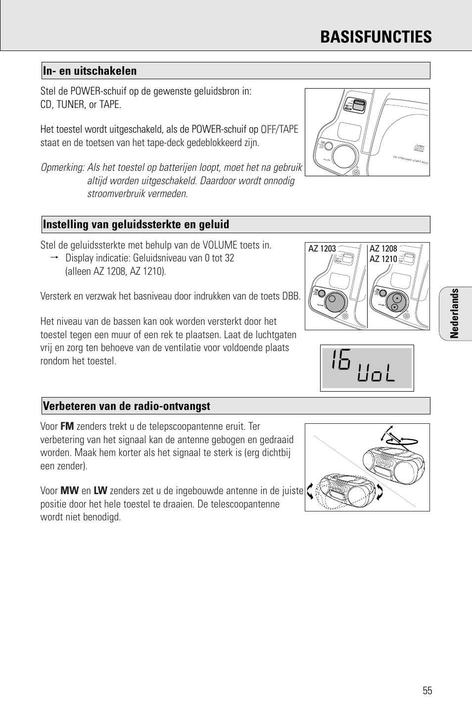 Basisfuncties, Verbeteren van de radio-ontvangst, Instelling van geluidssterkte en geluid | In- en uitschakelen | Porter-Cable AZ1203 User Manual | Page 55 / 136