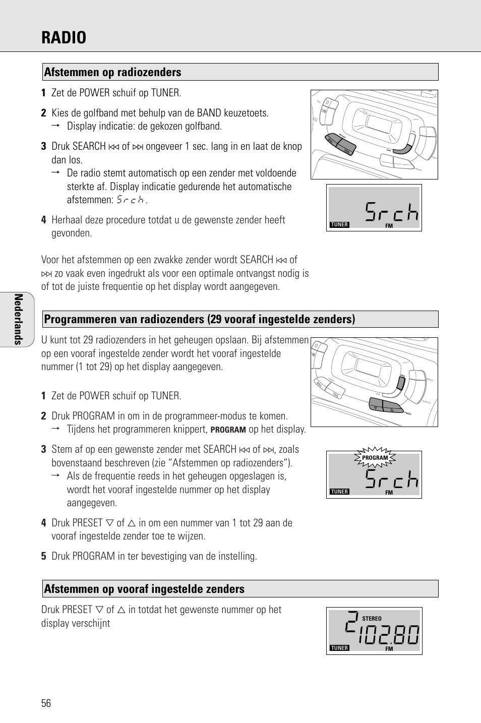 Radio, Afstemmen op vooraf ingestelde zenders, Afstemmen op radiozenders | Nederlands | Porter-Cable AZ1203 User Manual | Page 56 / 136