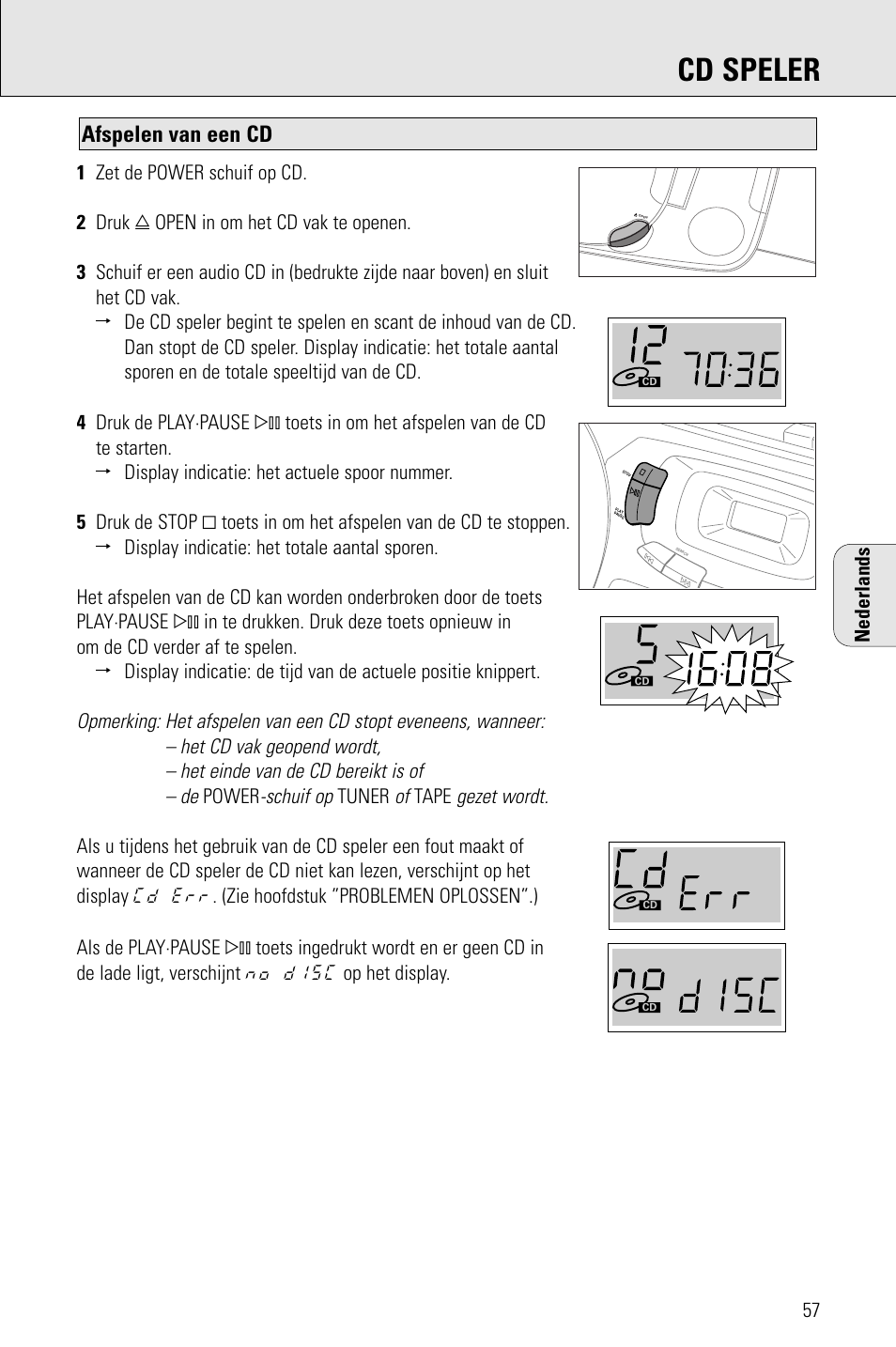 Cd speler, Afspelen van een cd, Schuif op | Gezet wordt | Porter-Cable AZ1203 User Manual | Page 57 / 136