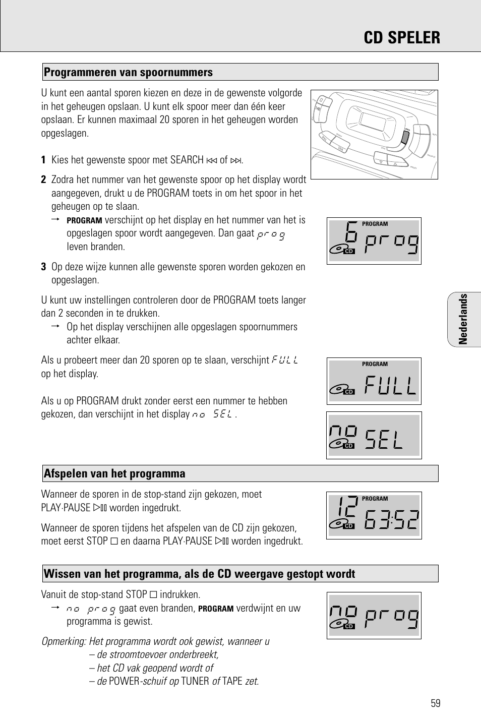 Cd speler, Afspelen van het programma, Programmeren van spoornummers | Schuif op, Verdwijnt en uw programma is gewist, Power, Tuner, Tape, Nederlands | Porter-Cable AZ1203 User Manual | Page 59 / 136