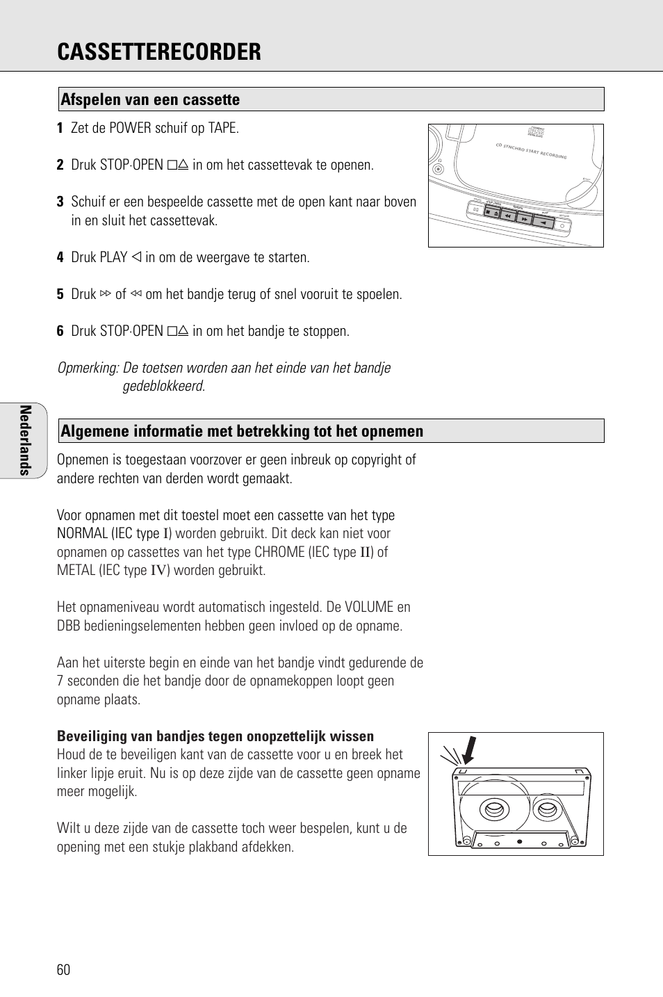 Cassetterecorder, Algemene informatie met betrekking tot het opnemen, Afspelen van een cassette | Nederlands | Porter-Cable AZ1203 User Manual | Page 60 / 136