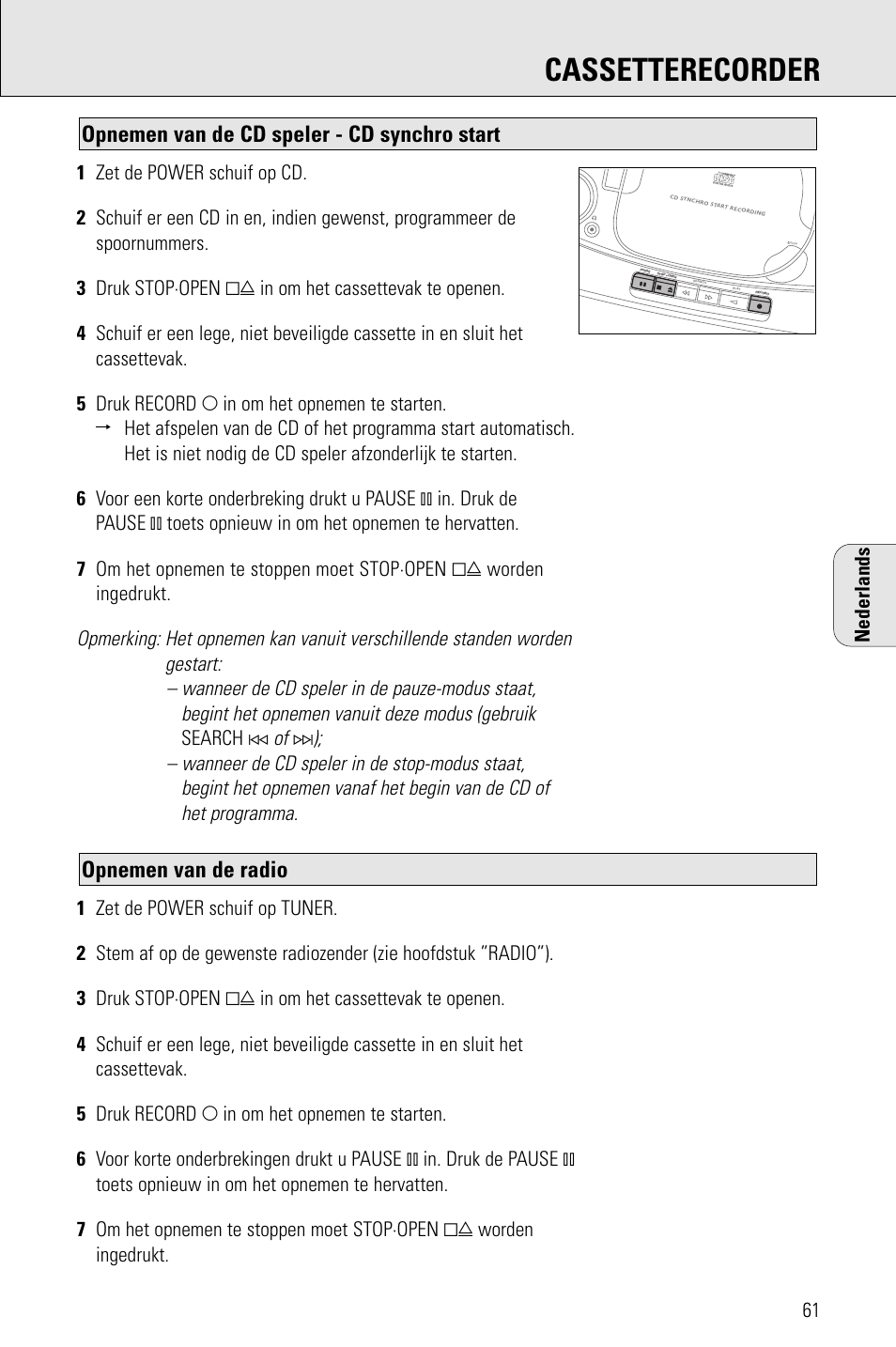 Cassetterecorder, Opnemen van de radio, Opnemen van de cd speler - cd synchro start | Porter-Cable AZ1203 User Manual | Page 61 / 136