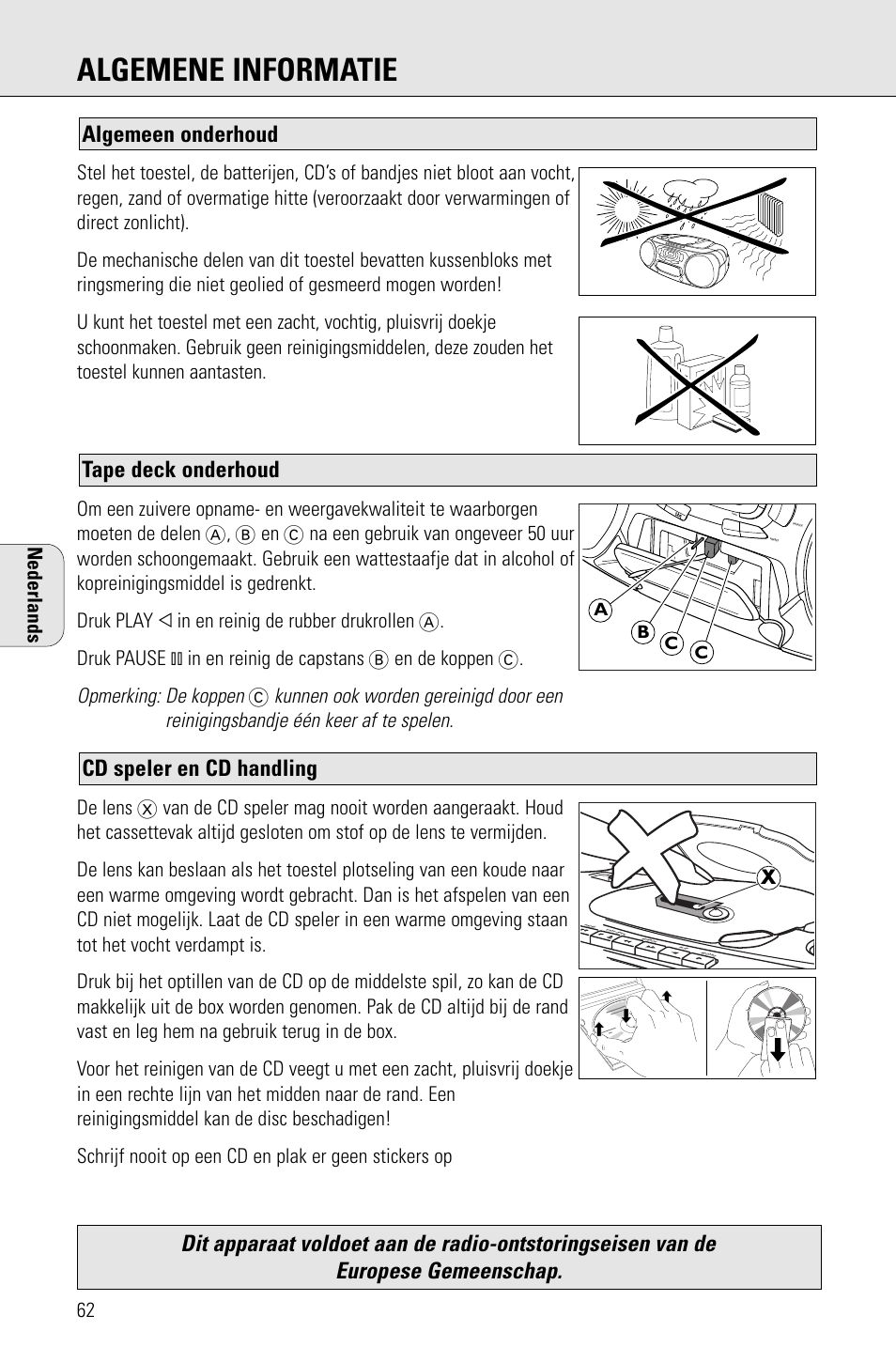 Algemene informatie, Cd speler en cd handling, Tape deck onderhoud algemeen onderhoud | Opmerking: de koppen, Nederlands | Porter-Cable AZ1203 User Manual | Page 62 / 136