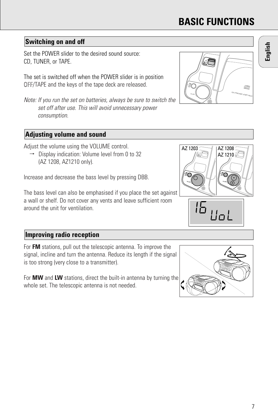 Basic functions, Improving radio reception, Adjusting volume and sound | Switching on and off | Porter-Cable AZ1203 User Manual | Page 7 / 136