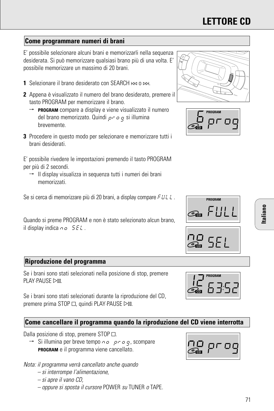 Lettore cd, Riproduzione del programma, Come programmare numeri di brani | E il programma viene cancellato, Power, Tuner, Tape | Porter-Cable AZ1203 User Manual | Page 71 / 136