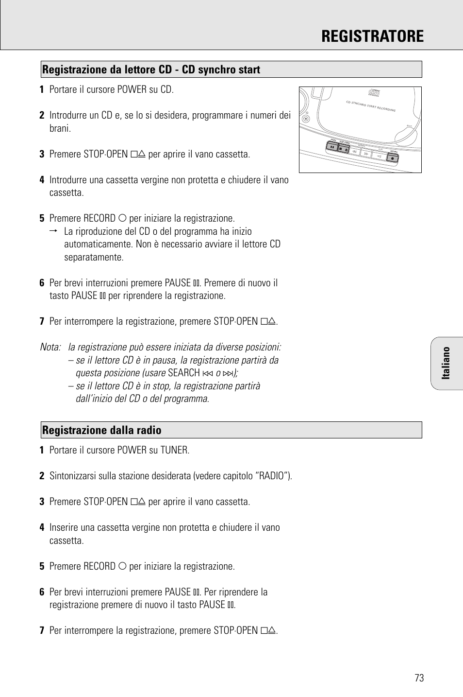 Registratore, Registrazione dalla radio, Registrazione da lettore cd - cd synchro start | Porter-Cable AZ1203 User Manual | Page 73 / 136