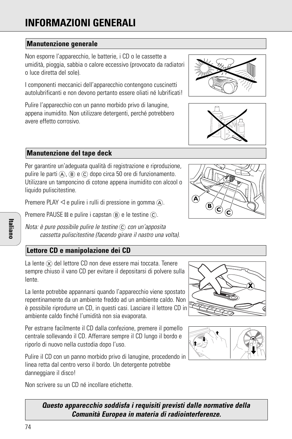 Informazioni generali, Lettore cd e manipolazione dei cd, Manutenzione del tape deck manutenzione generale | Nota: è pure possibile pulire le testine, Italiano | Porter-Cable AZ1203 User Manual | Page 74 / 136