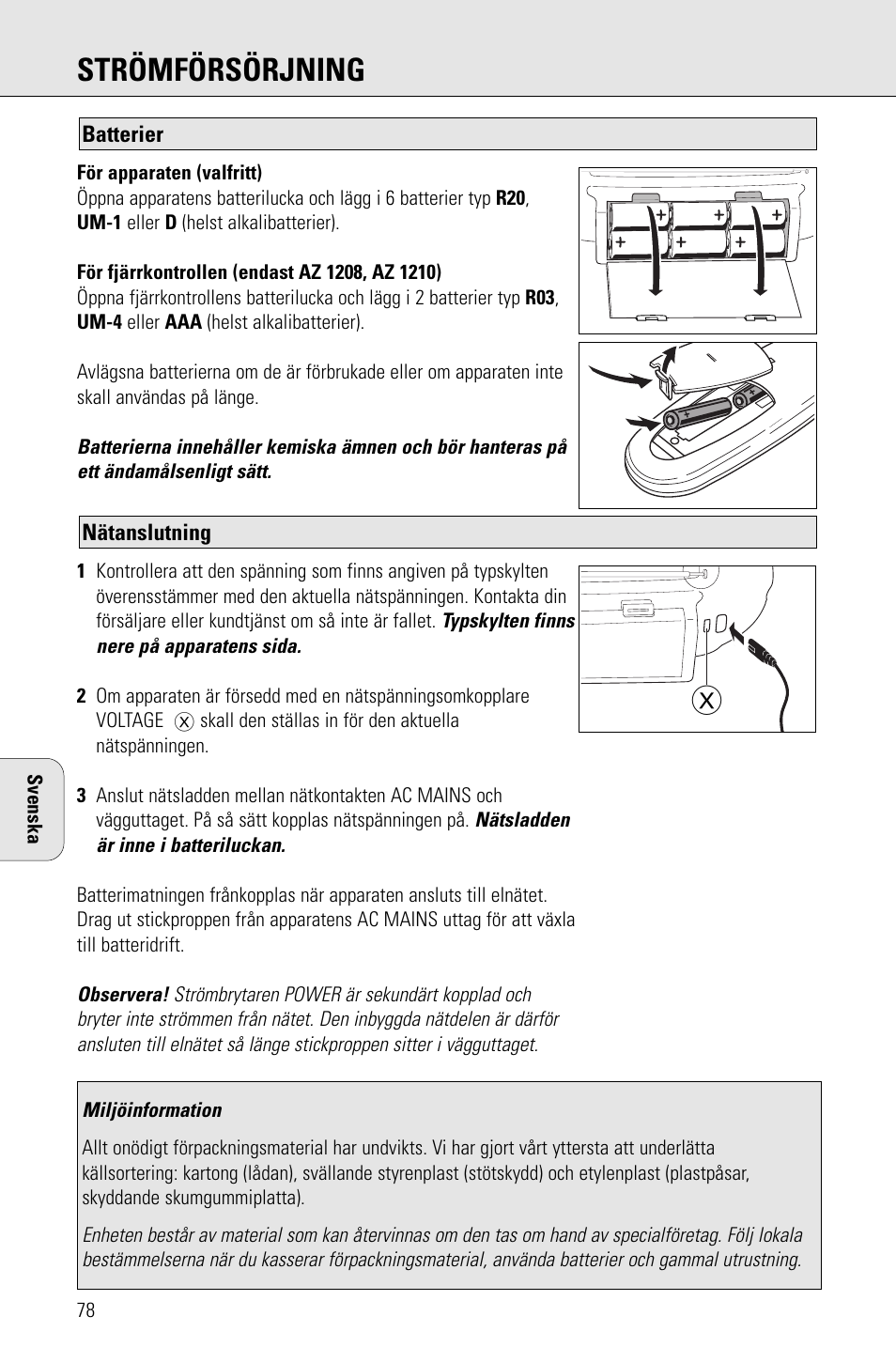 Strömförsörjning | Porter-Cable AZ1203 User Manual | Page 78 / 136
