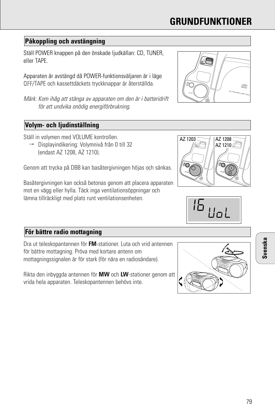 Grundfunktioner, För bättre radio mottagning, Volym- och ljudinställning | Påkoppling och avstängning, Svenska | Porter-Cable AZ1203 User Manual | Page 79 / 136