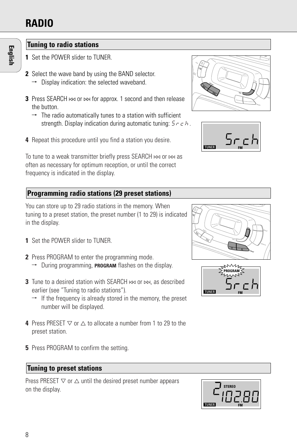 Radio, Tuning to preset stations, Programming radio stations (29 preset stations) | Tuning to radio stations | Porter-Cable AZ1203 User Manual | Page 8 / 136